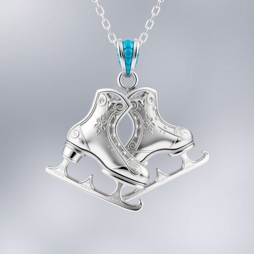 Silver pendant in the shape of ice skating blades with a turquoise stripe within the blade