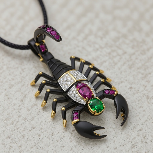 Geomatric bracelet of Creating completed set of Geomatric scorpion pendant of white and bkack and rubies diamonds gold accents for contrast. Incorporate a single, oval-cut gemstone-perhaps a striking emerald-set at an unconventional angle, creating a bold focal point that exudes contemporary elegance and sophistication. Envision a striking geometric scorpion pendant, intricately crafted with sharp angles in a combination of matte black and lustrous white metals. Accentuated with glittering ruby diamonds, the design features a single oval-cut emerald, expertly set at a daring tilt. This captivating piece marries edgy modernity with timeless elegance, perfect for bold fashion statements.The diamond is elegantly set in a sleek, minimalist rose gold frame that accentuates its brilliance. The modern aesthetic is enhanced with clean lines and asymmetry, making it a striking statement piece for the avant-garde wearer.