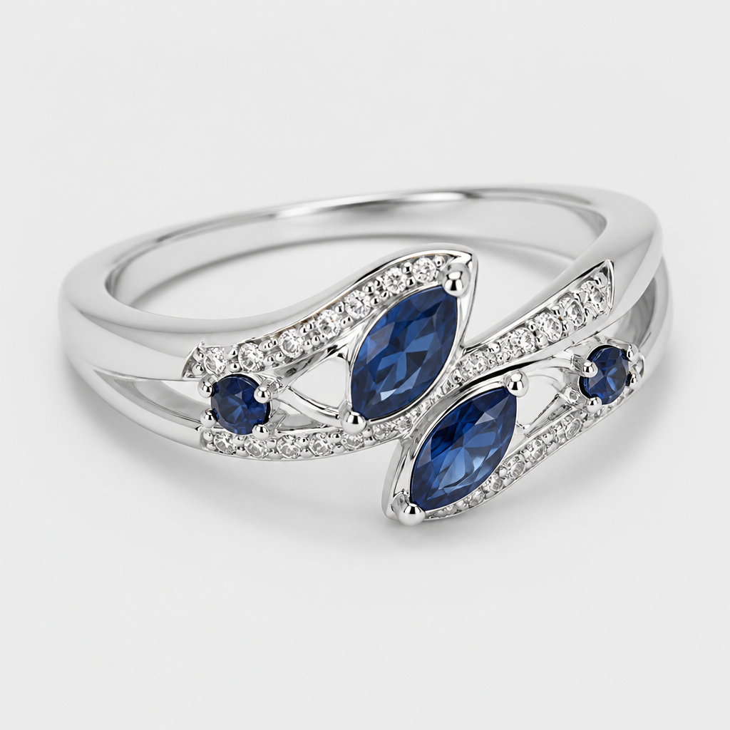 A women's ring with sapphire stones
photorealistic jewelry design, A women's ring with sapphire stones, modern style, just the design no text