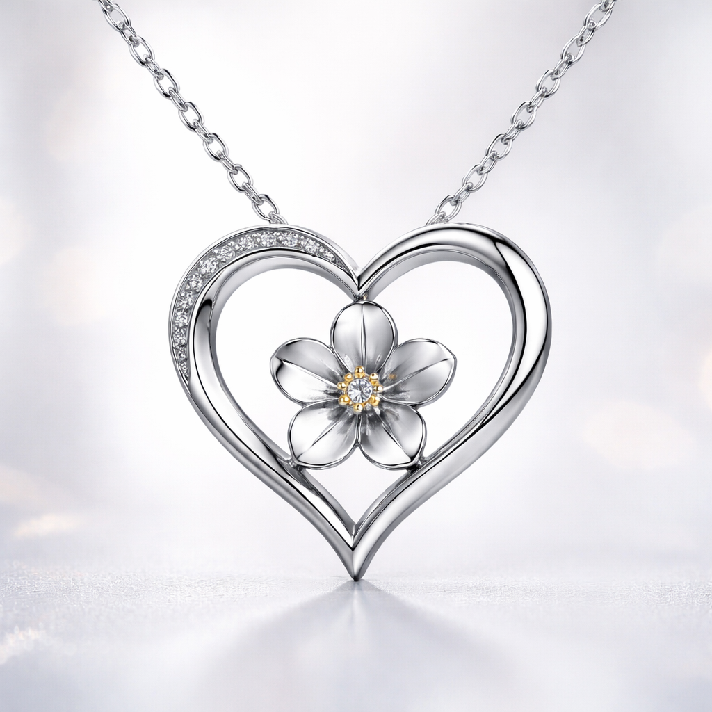 a silver necklace that has a heart hanging with a flower in the middle