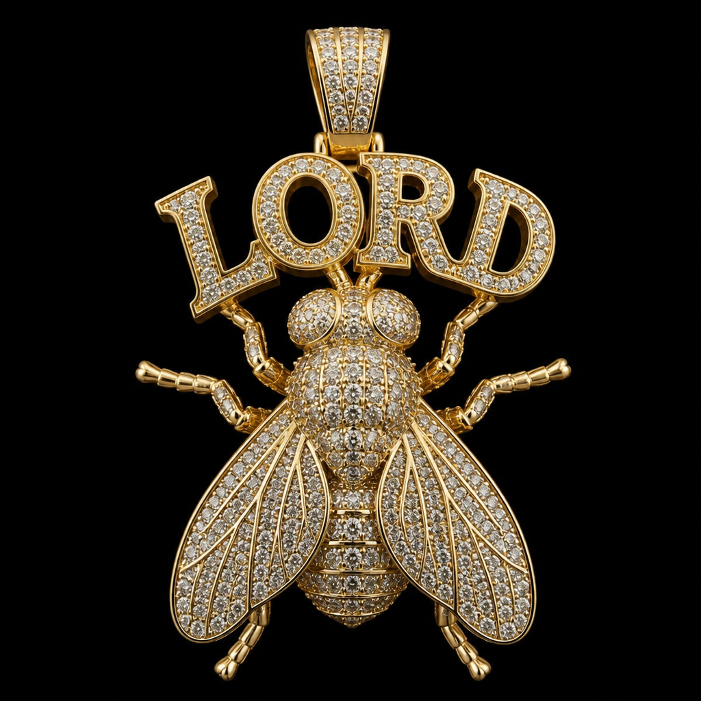 A men's pendant made of gold suitable for birthday, detailed and decorative, moderately ornate. Lord of the flies piece basically I want a iced out fly pendent with the word lord above
photorealistic jewelry design, A men's pendant made of gold suitable for birthday, detailed and decorative, moderately ornate. Lord of the flies piece basically I want a iced out fly pendent with the word lord above, modern style, just the design no text