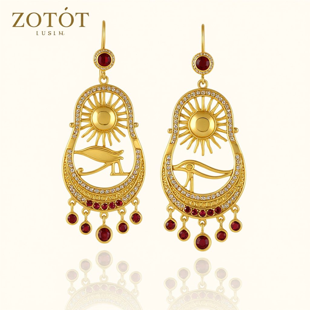 Zotot long earrings with a pendant symbolic image of the Egyptian god Ra symbol of the sun long chains