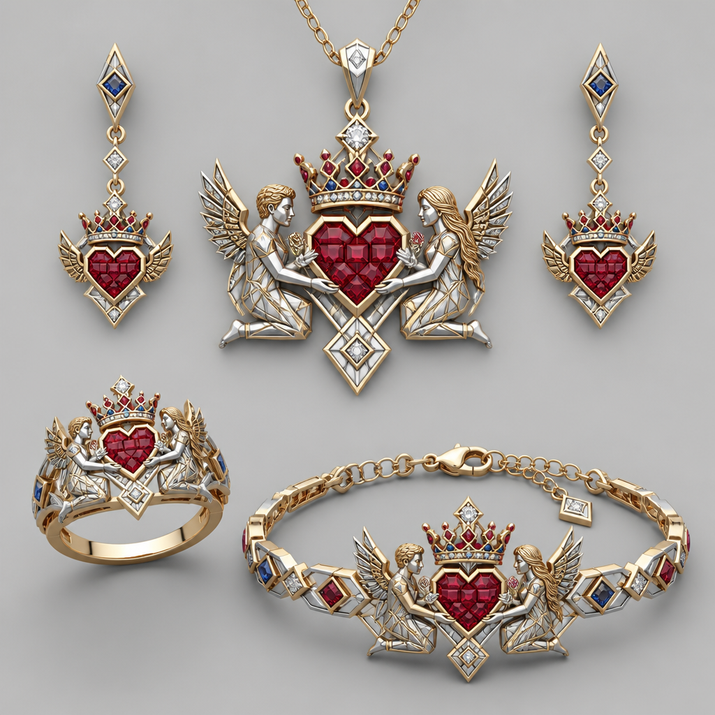 A geometric women's ring made of mixed metal with diamond and ruby and sapphire stones suitable for wedding. An extraordinary excellent beautiful delicate and elegant set of jewelry with one ring, two ear rings, one pendant and one bracelet, with a heart in the middle which will be full of rubies, an extraordinary beautiful delicate and elegant female Angel with long hair at the right side of the heart and an extraordinary fit beautiful delicate and elegant male Angel at the left side of the heart, both Angels are to hold a heart with their right hand and a rose with their left hand, over the central heart is to be placed a beautiful, delicate elegant and extraordinary excellent crown with a diamond at the middle of the crown and around the crown to be placed rubies and sapphires the crown to be placed on the heart.