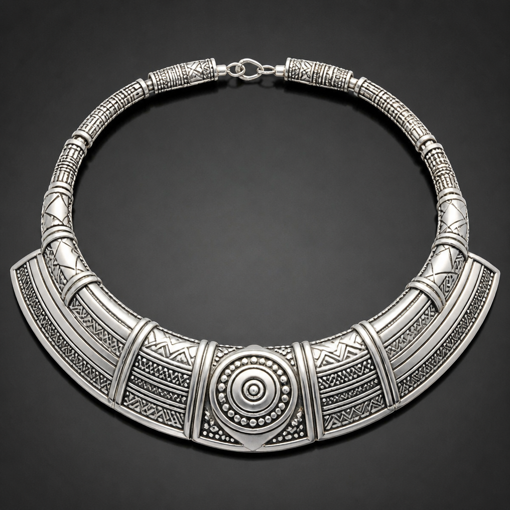 A african women's necklace made of silver, detailed and decorative, moderately ornate
photorealistic jewelry design, A african women's necklace made of silver, detailed and decorative, moderately ornate, african style, just the design no text