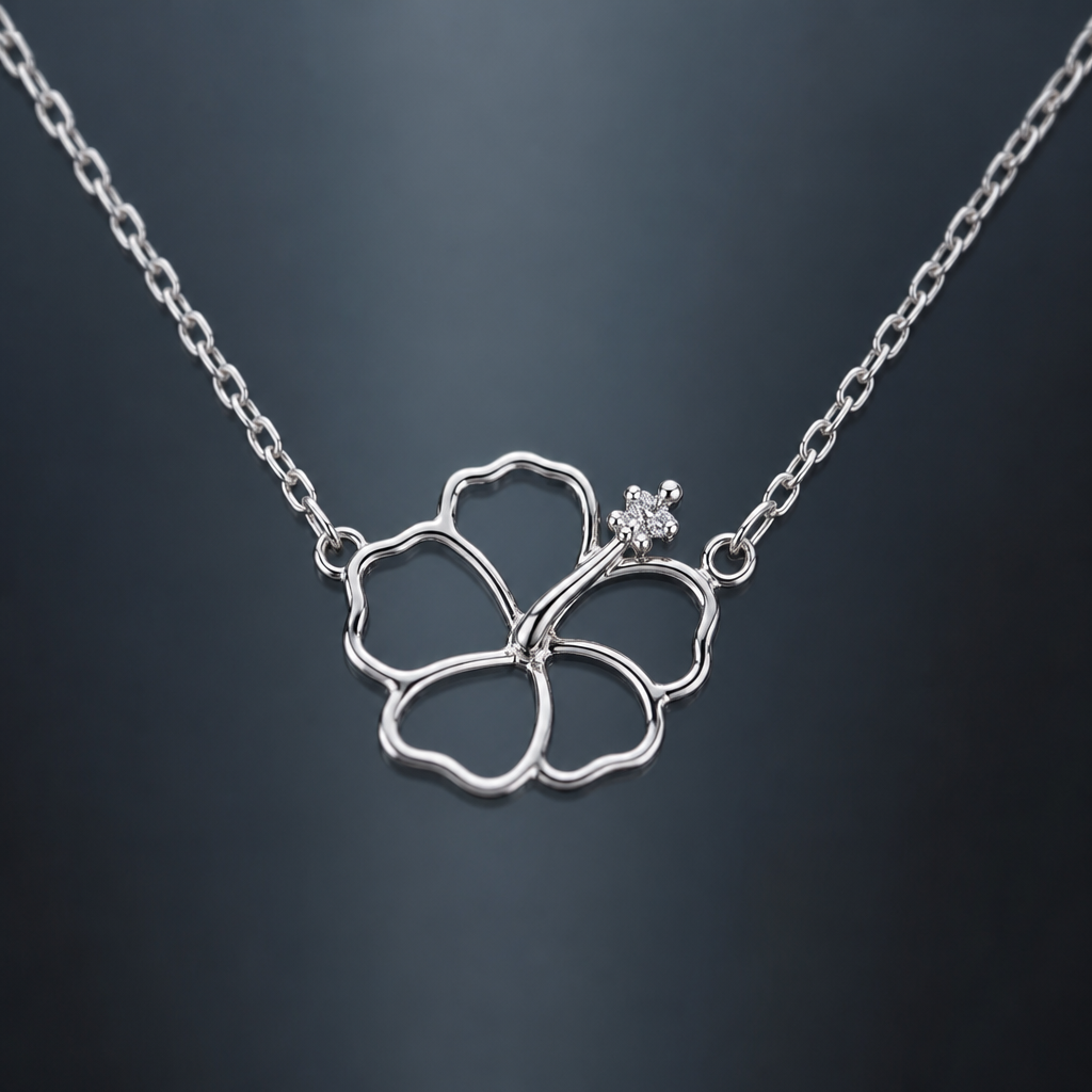 A women's necklace made of silver. hibicus vu de coté ligne fine et delicat ,3 tres petit diamand dans le milieu au bout de la tige interieur de la fleur vide, plus detail, 5 petales chaine de chaque coté, tige qui ne depasse la fleur, eleguente
photorealistic jewelry design, A women's necklace made of silver. hibicus vu de coté ligne fine et delicat ,3 tres petit diamand dans le milieu au bout de la tige interieur de la fleur vide, plus detail, 5 petales chaine de chaque coté, tige qui ne depasse la fleur, eleguente, modern style, just the design no text