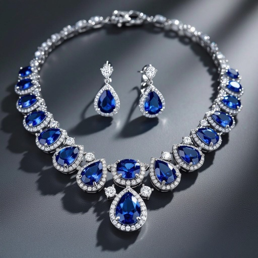luxury necklace style and luxury earring set Platinum necks lace, sapphire , diamond accents, prong setting. Matching platinum earrings, sapphire pear drops, diamond accents, prong setting.