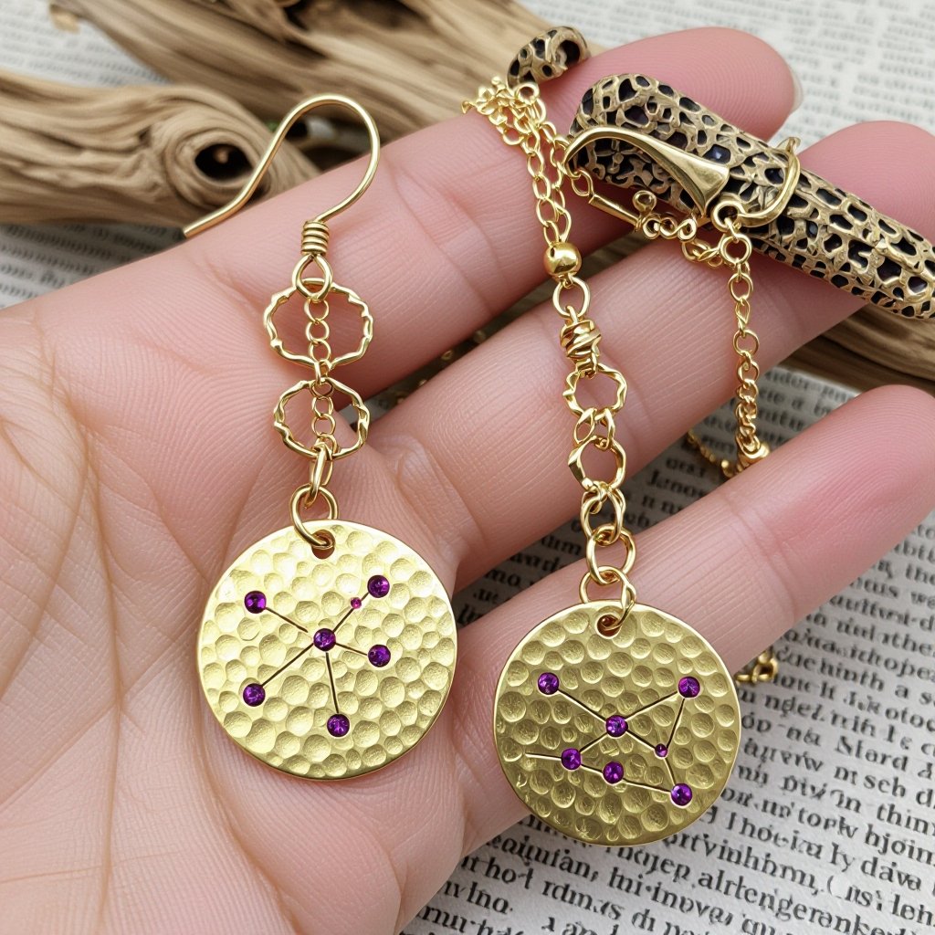 Серьги длинные на цепочках матовое золото мятое. Символ схематично созвездие. Маленькие фиолетовые камушки