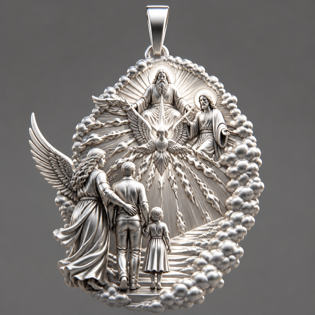 A modern women's pendant made of silver suitable for festival. An extraordinary excellent beautiful delicate and elegant pendant with the Guardian Angel with a beautiful delicate and elegant face, with long hair, with big wings flying, with a beautiful delicate elegant and with beautiful curves at her body, with a beautiful delicate and elegant tunic holding a child and an adult with its hands protecting them and guiding them on the way of the Holy Trinity. Sawing the way of the Holy Trinity in front of them God the Father, God the Son and God the Holy Spirit, the Holy Spirit to be as an Angel with a dove under the Angel surrounded by tongues of fire radiating light to the persons and the Guardian Angel, without the surrounding metals of the pendant. All the persons and the surrounding area to be 3D like statues. With less metal of the pendant and more accurate persons and only the persons and the clouds and the rayes of light. Less metal at the pendant and more 3D persons to be seen all the persons 3D. The persons to be sawn going straight on the way to the Holy Trinity.