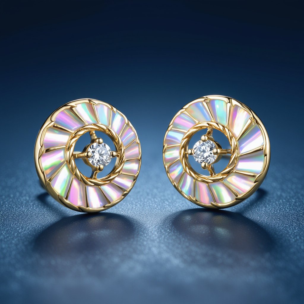 Золотые серьги в виде золотой спиральной ракушки украшенной тремя маленькими камнями 