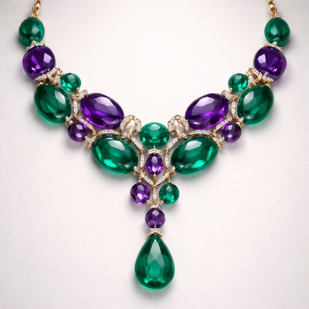 A statement necklace using green and purple beads