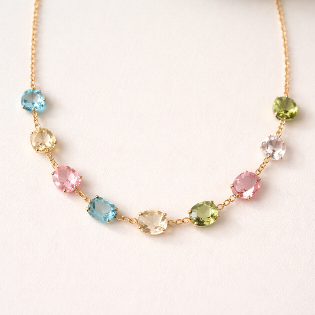 18 inch Gemstone necklace with gold chain that connects the stones. Colorful gemstones that are light blue, pink, yellow, clear, and green. May the gemstones be 6 mm and different shapes
18 inch Gemstone necklace with gold chain that connects the stones. Colorful gemstones that are light blue, pink, yellow, clear, and green. May the gemstones be 6 mm and different shapes , minimalist style