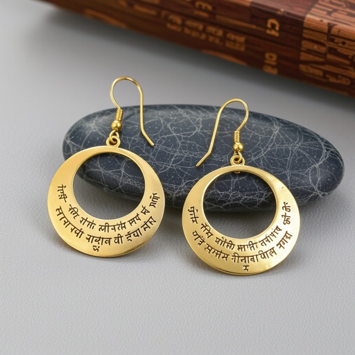 Серьги золотые в форме полумесяца с мантрами на санскрите