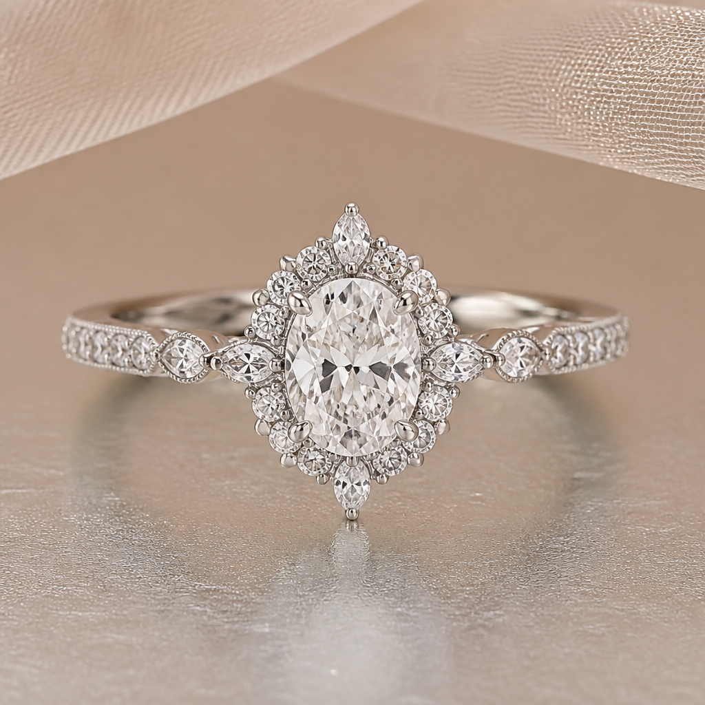 A halo women's ring with diamond stones suitable for wedding, detailed and decorative, moderately ornate. A 0.70-carat oval diamond is used as the center stone.
photorealistic jewelry design, A halo women's ring with diamond stones suitable for wedding, detailed and decorative, moderately ornate. A 0.70-carat oval diamond is used as the center stone., halo style, just the design no text