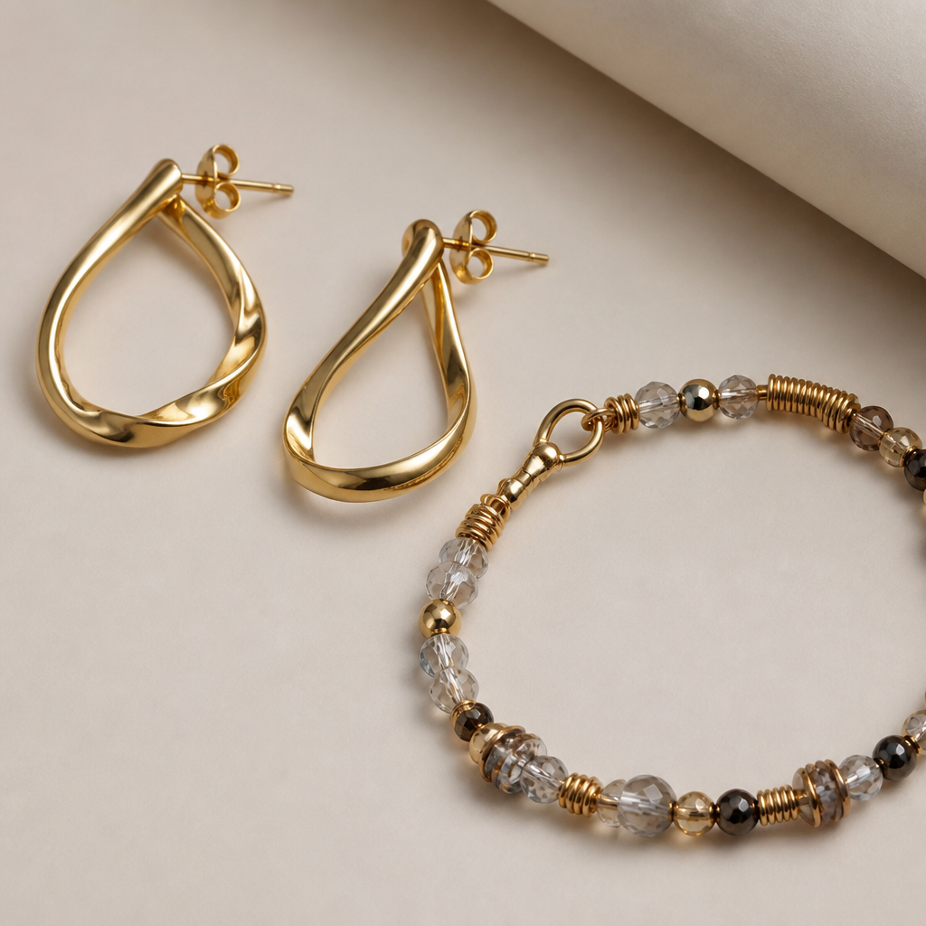 A women's earrings made of gold suitable for daily wear. a bracelet made from wire, seed beads and crystal beads for wearing everyday. elegant yet makes a bold statement
photorealistic jewelry design, A women's earrings made of gold suitable for daily wear. a bracelet made from wire, seed beads and crystal beads for wearing everyday. elegant yet makes a bold statement, modern style, just the design no text