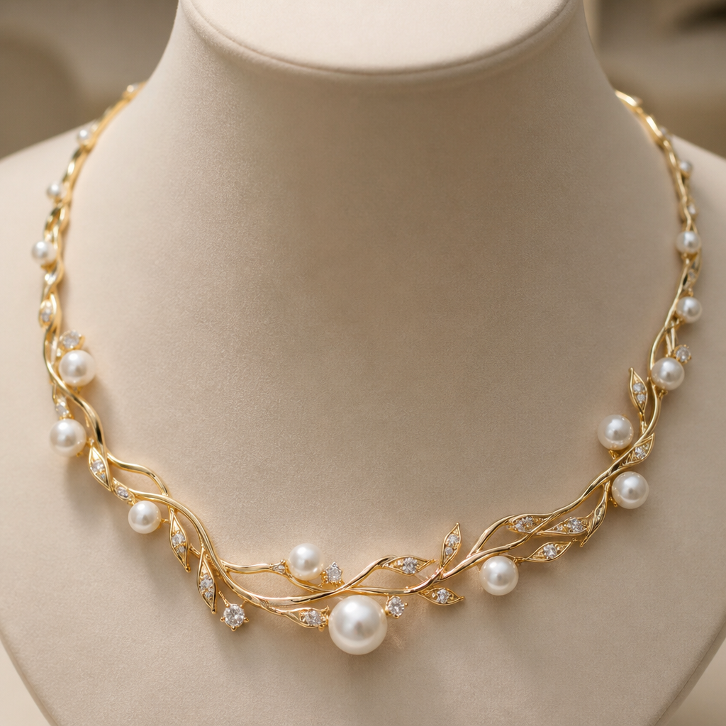 A modern women's necklace made of gold with pearl stones suitable for wedding. creativity
photorealistic jewelry design, A modern women's necklace made of gold with pearl stones suitable for wedding. creativity, modern style, just the design no text
