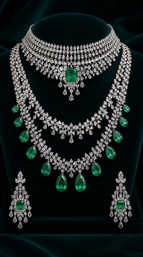 Jewelry photoshoot (studio)
Show the jewelry piece from the image displayed on dark velvet with professional studio lighting and soft reflections. Reproduce the jewelry's exact design, metal, stones and details faithfully. Photorealistic, no text.