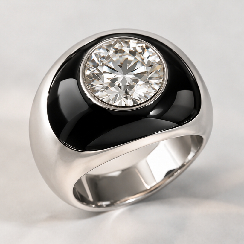 Pl show with black enamel
edit the attached jewelry design with these instructions: Pl show with black enamel. keep it photorealistic, just the design no text