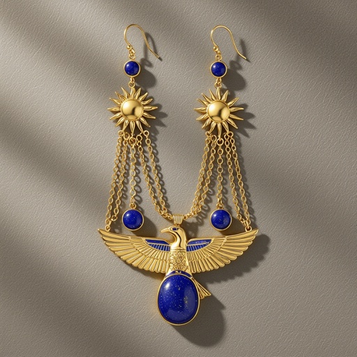 Zototy long earrings with a pendant symbolic image of the Egyptian god Ra with a bird's head symbol of the sun long chains