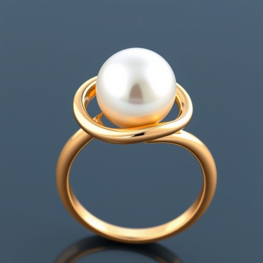 A golden ring with a pearl in the middle, the ring curving into an elegant wave type circle around the pearl. I want it to have a very elegant, simple, sophisticated and beautiful design. I want the ring symmetrical and the pearl to be a medium size.