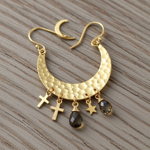 Золотые серьги словно мятое золото в форме узкого изящного полумесяца. Верхушка полумесяца крепится к застежке серьги. К нижней части полумесяца крепятся три подвески: миниатюрный золотой египетриский крест, очень маленький кристалл раухтопаза и маленькая золотая звездочка