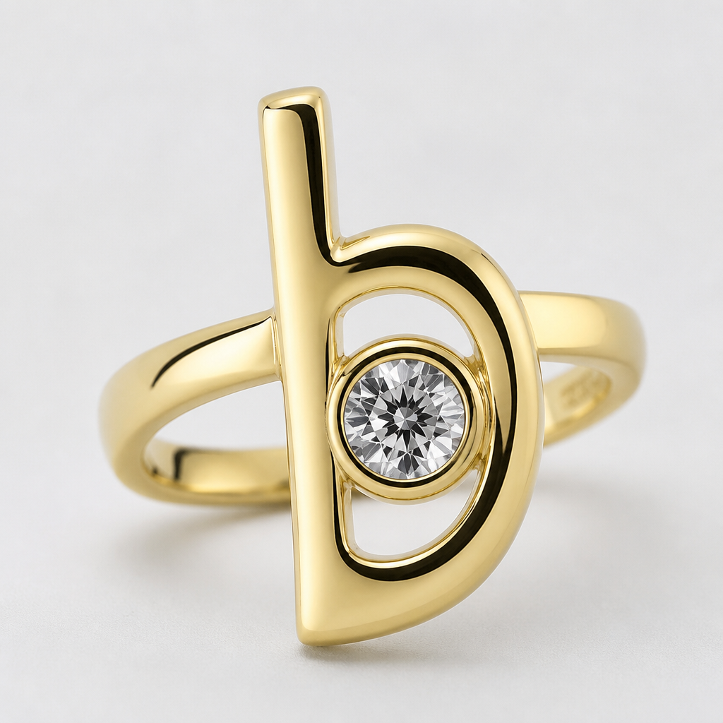 A women's ring. enter b in all gold holding a round bezelnset stone
photorealistic jewelry design, A women's ring. enter b in all gold holding a round bezelnset stone, modern style, just the design no text