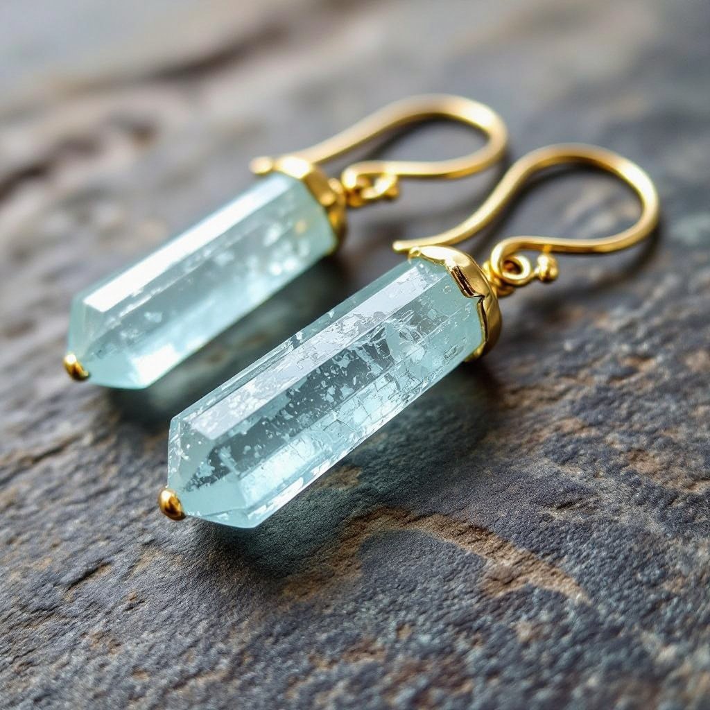 Серьги в виде кристалла необработанного бледного аквамарина в виде длинного кристалла