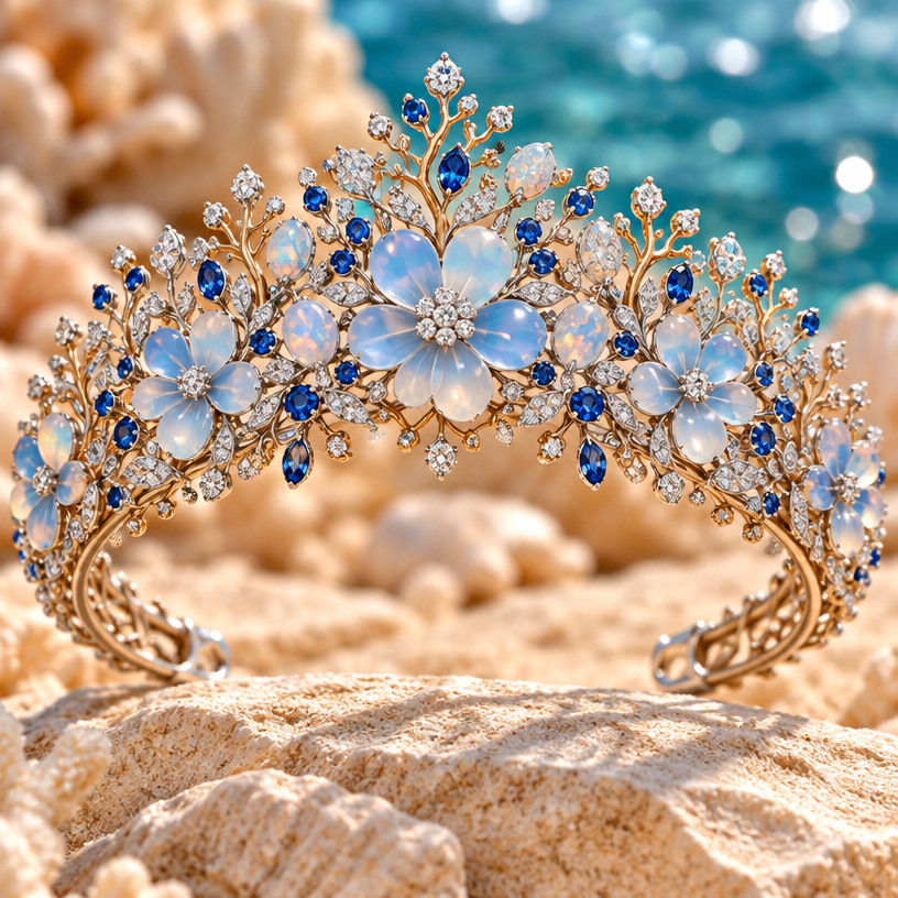 A nature-inspired women's tiara made of gold with sapphire and opal and diamond stones, highly ornate, intricate and elaborate, richly detailed. 2 CORAL AND FLORAL TIARA
STEP BY STEP
* Form coral-like branching design.
* Set frosted chalcedony flowers (soft blue & white) with delicate petals.
* Add sparkling diamonds as accent stones.
* Polish and inspect for comfort and wearability.
Additional Details
* Design: Mimics delicate coral structures.
* Gemstones: Soft blue & white chalcedony flowers.
* Metal: Platinum / White gold with pavé diamonds.
using the attached image as a visual reference, create A nature-inspired women's tiara made of gold with sapphire and opal and diamond stones, highly ornate, intricate and elaborate, richly detailed. 2 CORAL AND FLORAL TIARA
STEP BY STEP
* Form coral-like branching design.
* Set frosted chalcedony flowers (soft blue & white) with delicate petals.
* Add sparkling diamonds as accent stones.
* Polish and inspect for comfort and wearability.
Additional Details
* Design: Mimics delicate coral structures.
* Gemstones: Soft blue & white chalcedony flowers.
* Metal: Platinum / White gold with pavé diamonds.. photorealistic, just the design no text