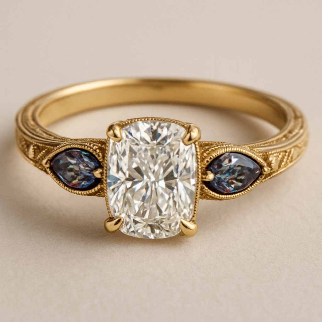 2 carat elongated cushion cut diamond engagement yellow gold ring with marquise shaped alexandrite side stones