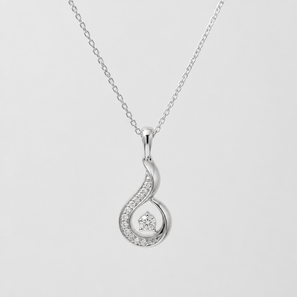 A modern women's pendant made of white gold with diamond stones suitable for daily wear, minimalist, simple and delicate, clean lines. ใช้ลายไทยเป็นส่วนประกอบ, cost 10,000฿
photorealistic jewelry design, A modern women's pendant made of white gold with diamond stones suitable for daily wear, minimalist, simple and delicate, clean lines. ใช้ลายไทยเป็นส่วนประกอบ, cost 10,000฿, modern style, just the design no text