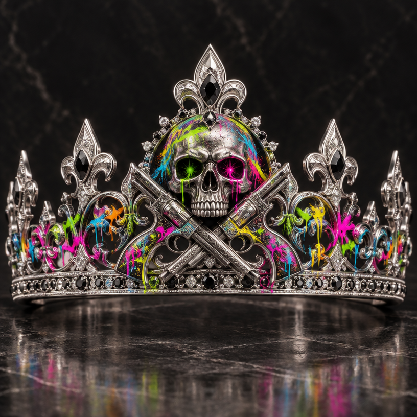 A medieval men's tiara made of platinum suitable for formal. a skull with neon graffiti around the skull and pistols crossing
using the attached image as a visual reference, create A medieval men's tiara made of platinum suitable for formal. a skull with neon graffiti around the skull and pistols crossing. photorealistic, just the design no text