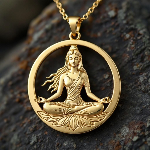 Золотой кулон в виде неровного круга в круге выгравирована женщина с длинными волосами в позе лотоса