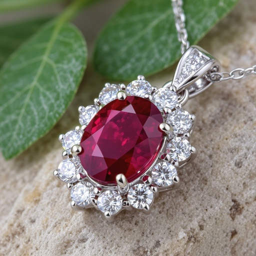 7x5mm oval pigeon blood ruby with 8 marquis cut diamonds each .08ct set in white gold pendant 