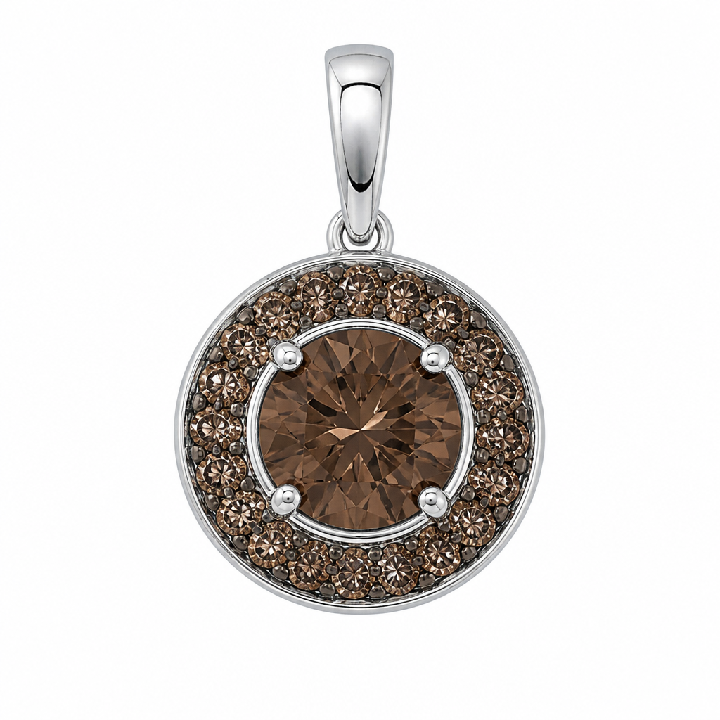 White gold pendant, center stone brown diamond 5.33 mm, surrounding brown diamonds pave setting
photorealistic jewelry design, White gold pendant, center stone brown diamond 5.33 mm, surrounding brown diamonds pave setting, just the design no text