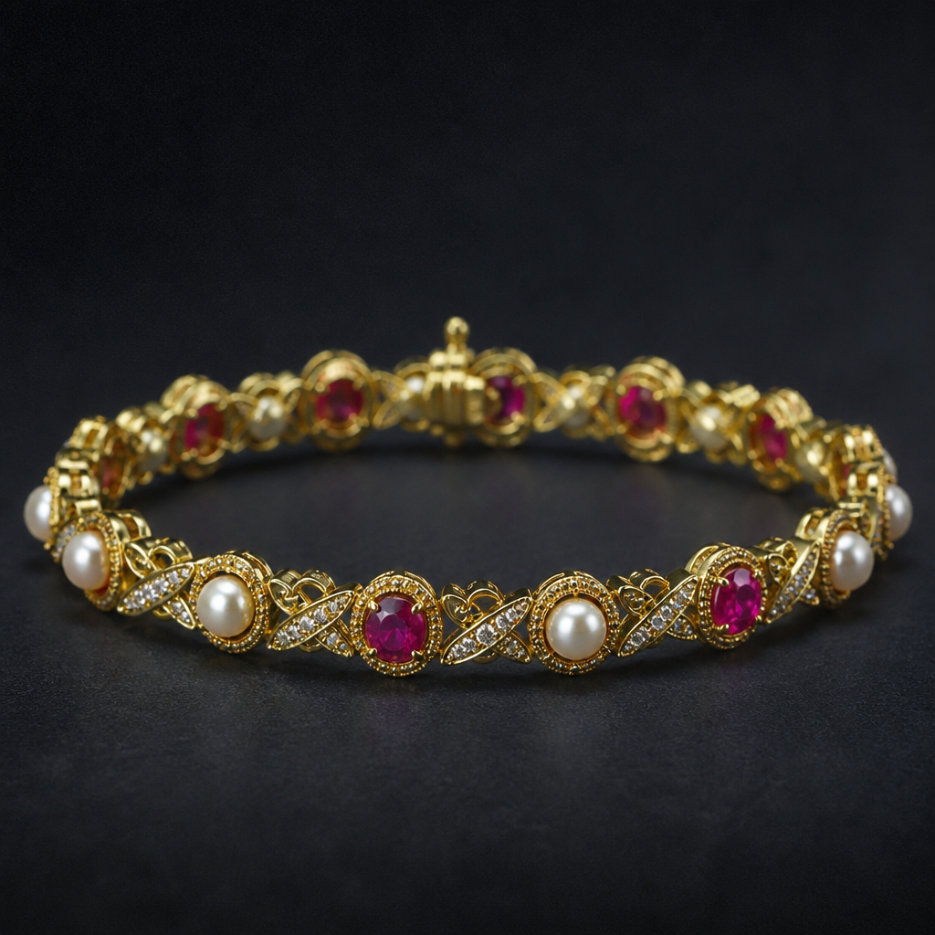 A eternity women's bracelet made of gold with pearl and ruby stones suitable for formal, highly ornate, intricate and elaborate, richly detailed. delicado y sencillo
photorealistic jewelry design, A eternity women's bracelet made of gold with pearl and ruby stones suitable for formal, highly ornate, intricate and elaborate, richly detailed. delicado y sencillo, eternity style, just the design no text