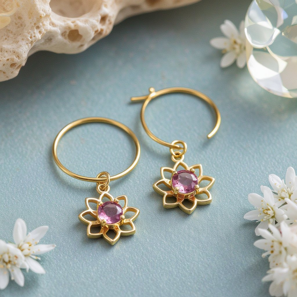 Серьги небольшие кольца,на серьгах висит в виде золотого лотоса шестью лепестками с маленьким розовым кварцем по центру