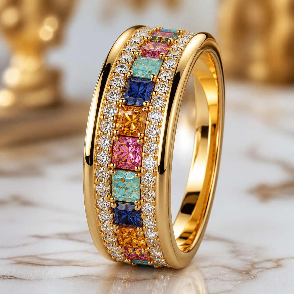 Gold double band with colorful marble like diamonds in between with white diamonds around the colorful diamonds.
photorealistic jewelry design, Gold double band with colorful marble like diamonds in between with white diamonds around the colorful diamonds. , royal style, just the design no text