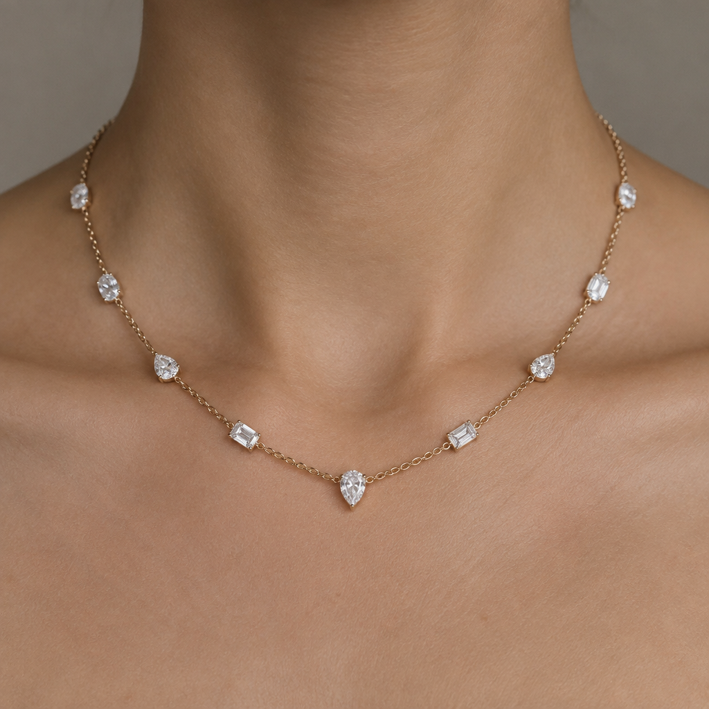 Create a necklace with 6 .10 oval pointers, 3 .15 pear pointers, 3. 10 emerald pointers, no drop down, like it’s a part of the chain,
photorealistic jewelry design, Create a necklace with 6 .10 oval pointers, 3 .15 pear pointers, 3. 10 emerald pointers, no drop down, like it’s a part of the chain,, just the design no text