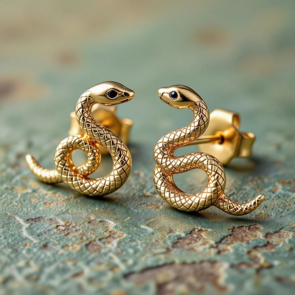 Небольшие золотые матовые серьги в виде символической змеи