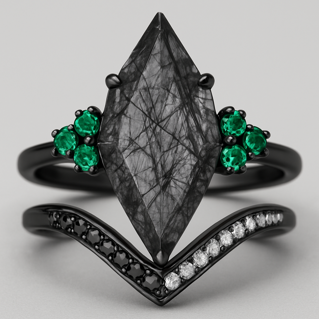Black band, long kite cut rutilated black quartz upside down, emerald accent stones 3 on each side in a cluster, add a wedding band that curves around main stone with black and white stones