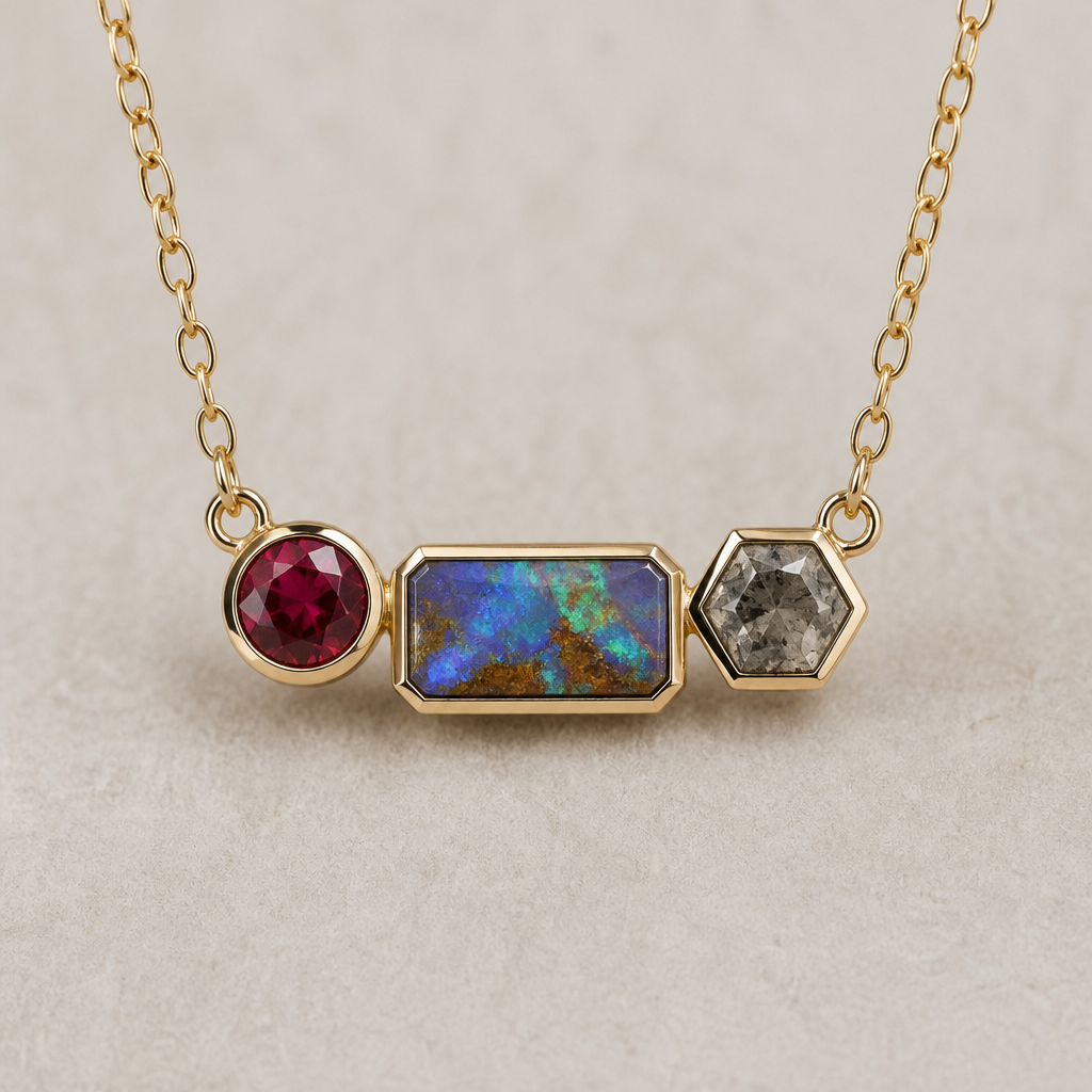 5mm round red beryl, rectangle boulder opal, 5mm hexagon salt and pepper diamond sideways pendant
photorealistic jewelry design, 5mm round red beryl, rectangle boulder opal, 5mm hexagon salt and pepper diamond sideways pendant , modern style, just the design no text