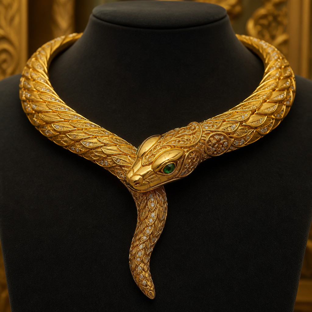 Create an ultra-luxury 22K pure gold necklace inspired by a graceful serpent. The necklace should wrap elegantly around the neckline with flowing scales crafted in polished gold, featuring emerald-green gemstone eyes and subtle diamond detailing. The design should be bold, mysterious, and powerful, resembling a high-end couture jewelry piece. Ultra-realistic 4K jewelry render, luxury showroom quality.”
photorealistic jewelry design, Create an ultra-luxury 22K pure gold necklace inspired by a graceful serpent. The necklace should wrap elegantly around the neckline with flowing scales crafted in polished gold, featuring emerald-green gemstone eyes and subtle diamond detailing. The design should be bold, mysterious, and powerful, resembling a high-end couture jewelry piece. Ultra-realistic 4K jewelry render, luxury showroom quality.”, byzantine style, just the design no text