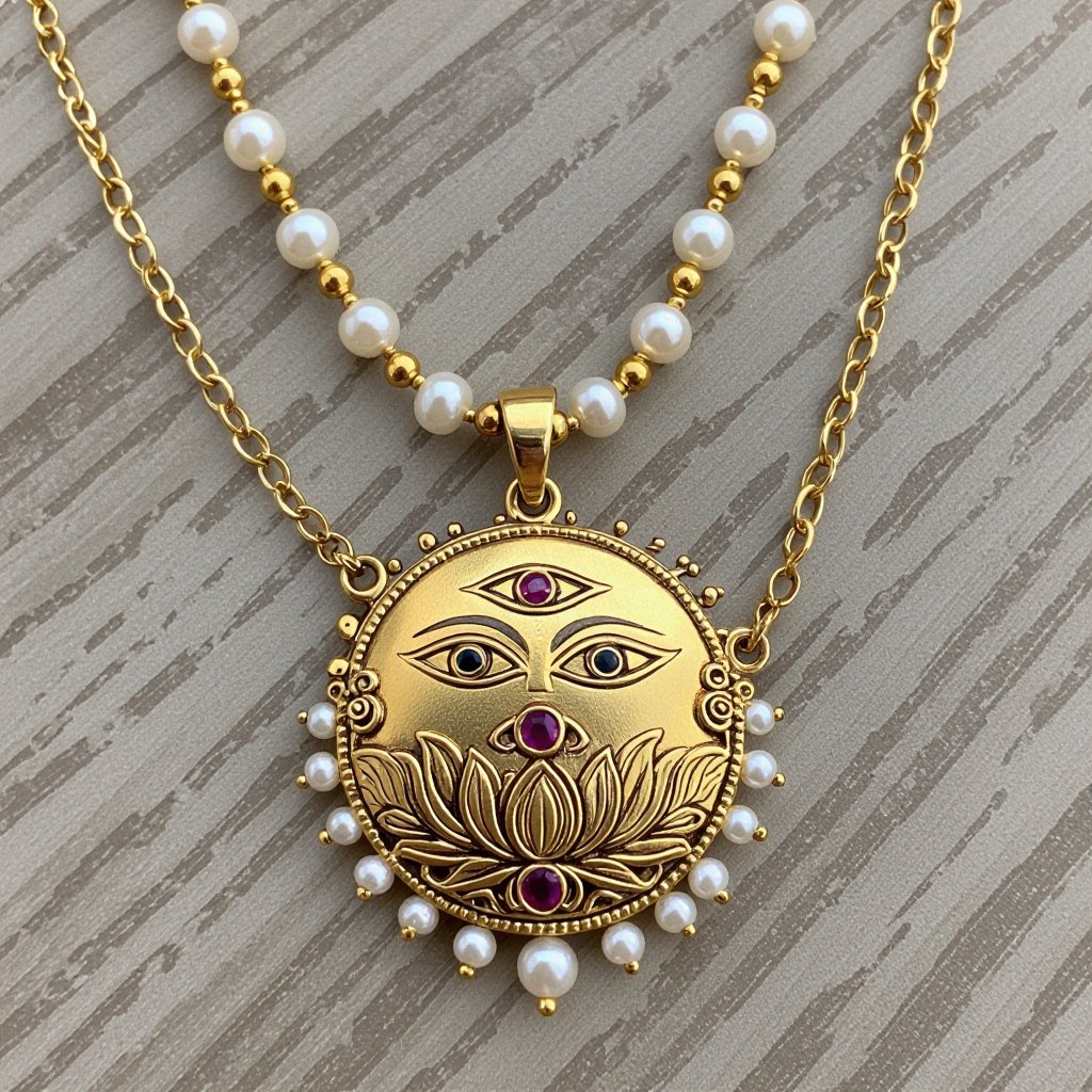 Кулон на длинной цепочке. Матовое светлое золото. В цепочке небольшие золотые шарики и жемчуг. Кулон в виде двух глаз над ними лотос с маленьким красным камнем внутри узоры завитушки 
