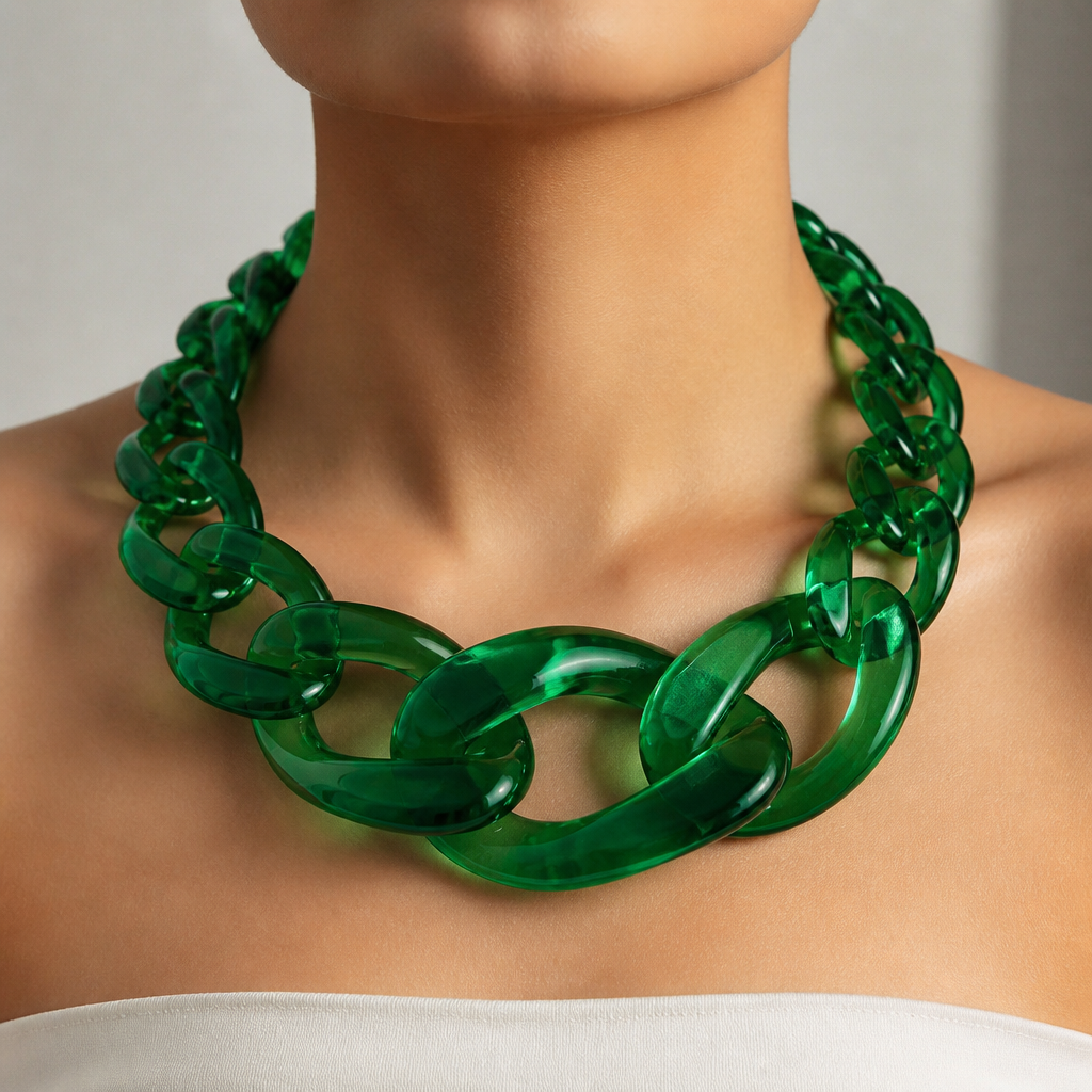 A women's necklace. create a chunky Cuban Link style plastic chain that is o graduated and exaggerated in the first front three links that is translucent lucite in bright emerald green color
photorealistic jewelry design, A women's necklace. create a chunky Cuban Link style plastic chain that is o graduated and exaggerated in the first front three links that is translucent lucite in bright emerald green color, modern style, just the design no text