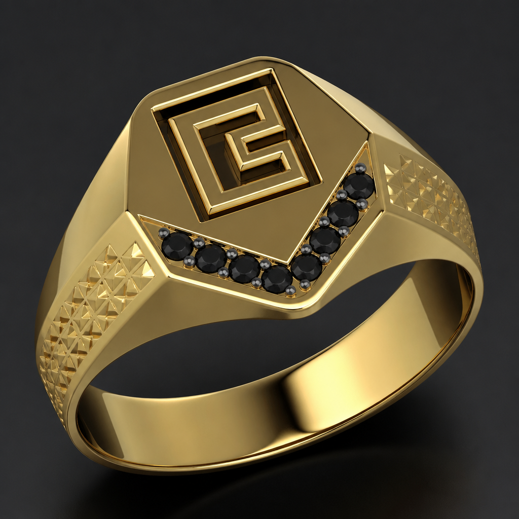 A geometric men's ring made of gold with diamond stones suitable for gift. oro 18k que diga Casares y debajo de las letras tenga diamantes negros que se vea casi 3d
photorealistic jewelry design, A geometric men's ring made of gold with diamond stones suitable for gift. oro 18k que diga Casares y debajo de las letras tenga diamantes negros que se vea casi 3d, geometric style, just the design no text