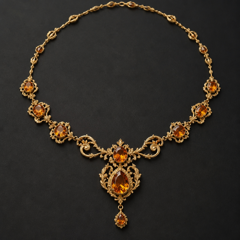 A vintage women's necklace made of gold with topaz stones, highly ornate, intricate and elaborate, richly detailed. delicado y sencillo y que el topacio sea naranja
photorealistic jewelry design, A vintage women's necklace made of gold with topaz stones, highly ornate, intricate and elaborate, richly detailed. delicado y sencillo y que el topacio sea naranja, vintage style, just the design no text