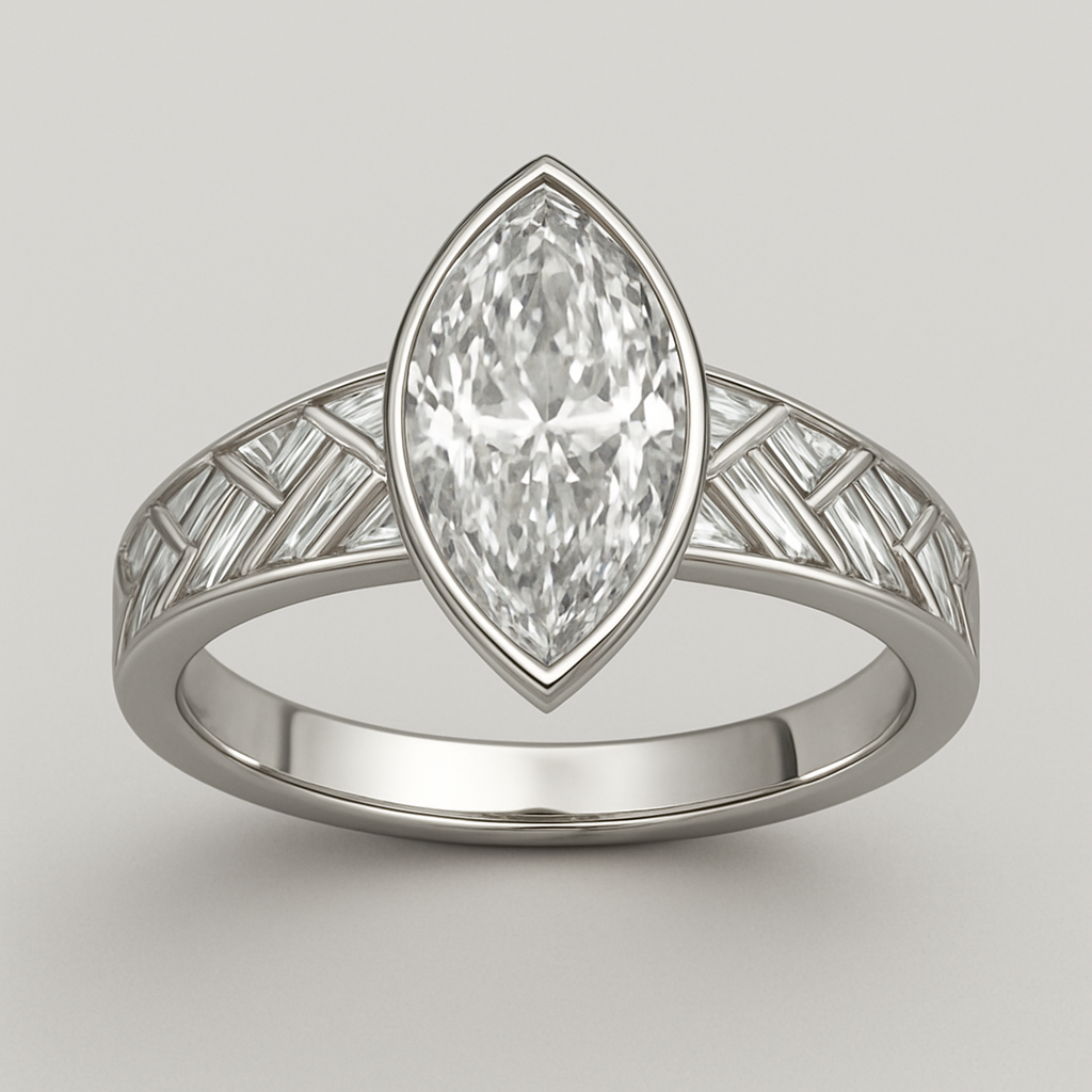 Bezel set 6 carat marquise diamond center stone with baguette diamonds in a herringbone pattern in the band