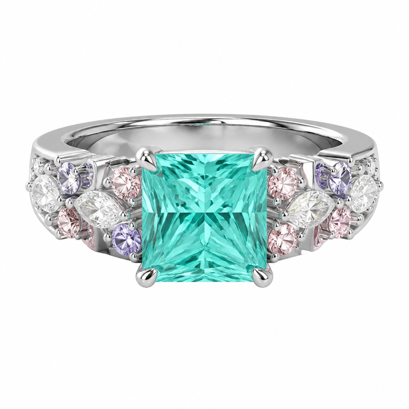 A minimalist women's ring made of white gold suitable for wedding, detailed and decorative, moderately ornate. different colour gemstones with radiant cut (10x10mm) paraiba in middle. need to be men ring so slightly thicker widths
using the attached image as a visual reference, create A minimalist women's ring made of white gold suitable for wedding, detailed and decorative, moderately ornate. different colour gemstones with radiant cut (10x10mm) paraiba in middle. need to be men ring so slightly thicker widths. photorealistic, just the design no text