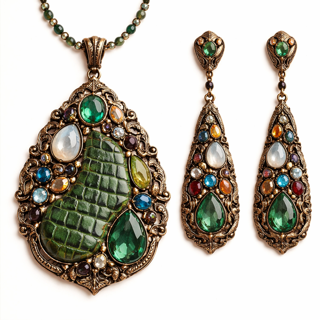 Create pendant and drop earrings with crocodile leather design and semiprecious scattered