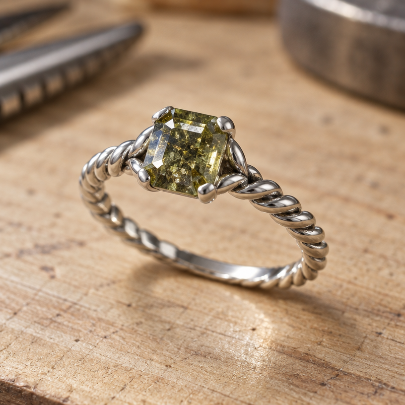 A women's ring made of silver. use the stone and some twisted wire
using the attached image as a visual reference, create A women's ring made of silver. use the stone and some twisted wire. photorealistic, just the design no text