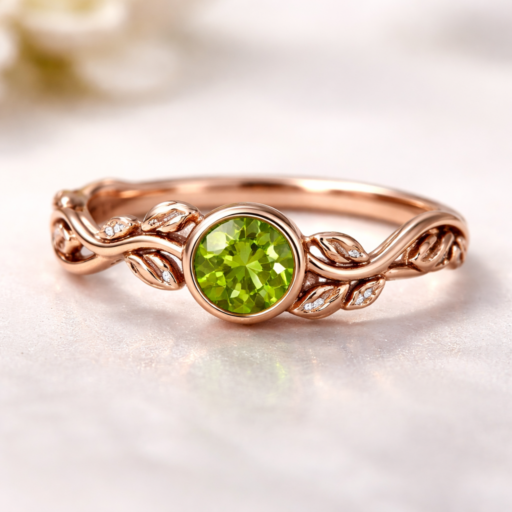 rose gold promise ring with vines and a green gem set in the middle